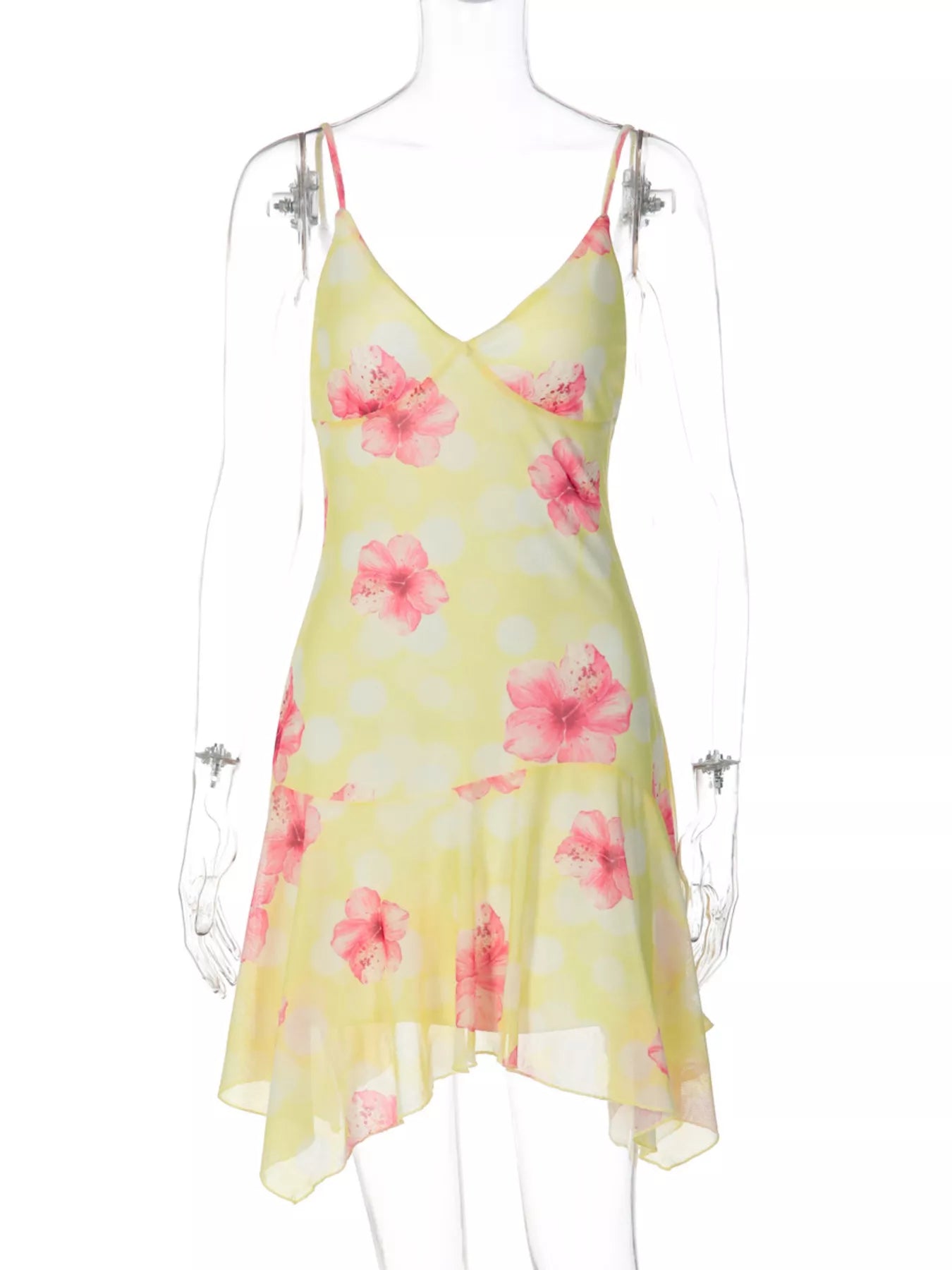 Yellow sheer mini dress on mannequin, pink floral print, V-neckline, asymmetrical hem