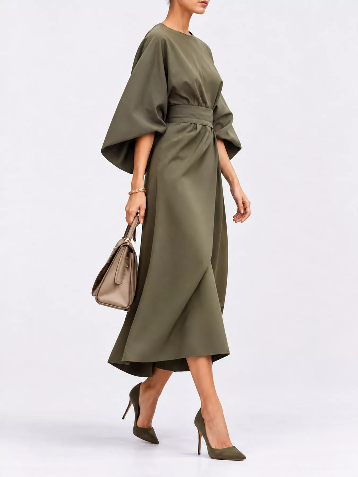 Olive green kimono-sleeve belted midi dress with high waist and gathered tie waist.