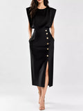 Black sleeveless midi dress with round neck, gold buttons, and side slit