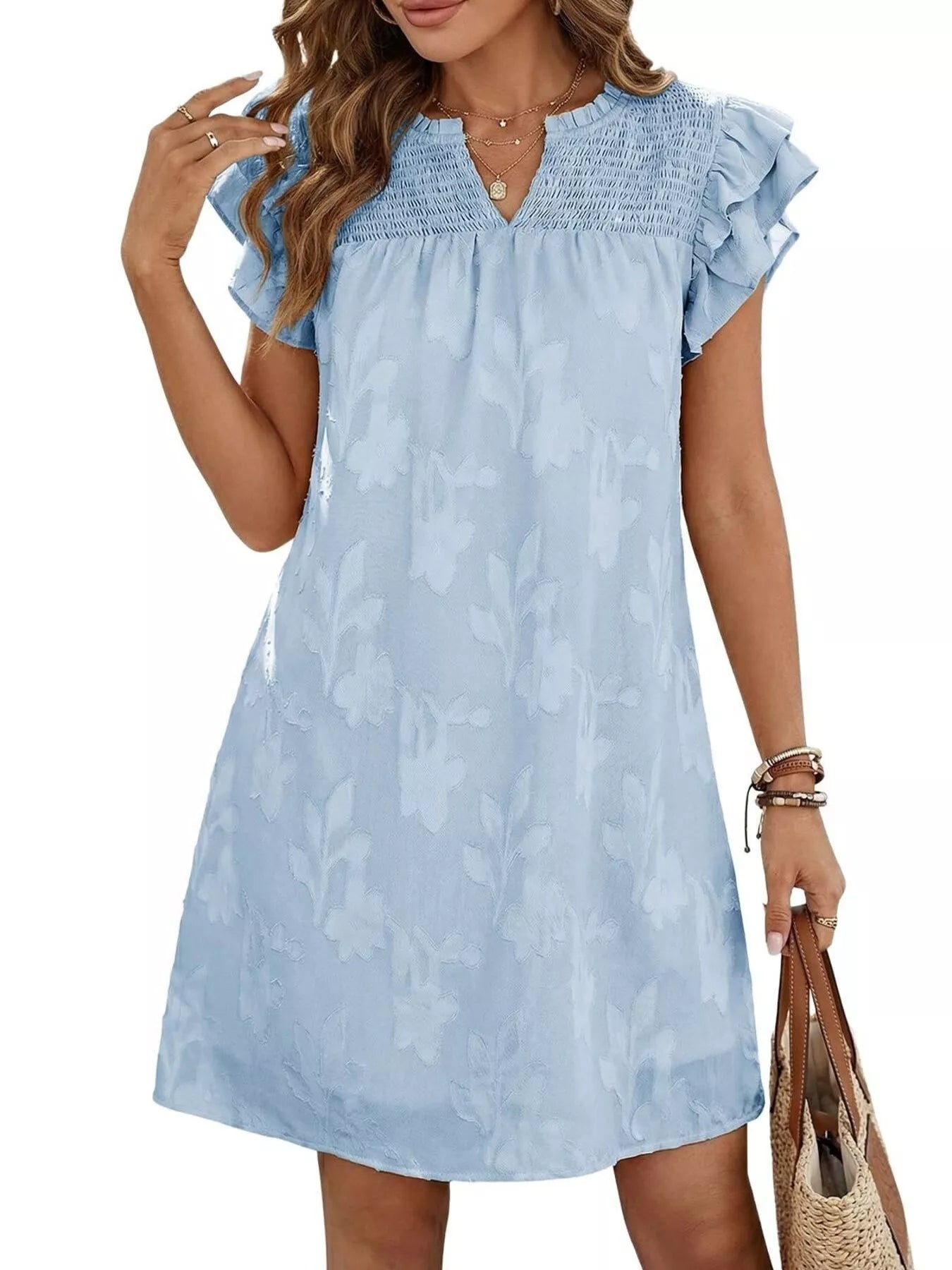Floral Embossed Ruffle Sleeve Mini Dress in light blue with smocked yoke by Trendsi