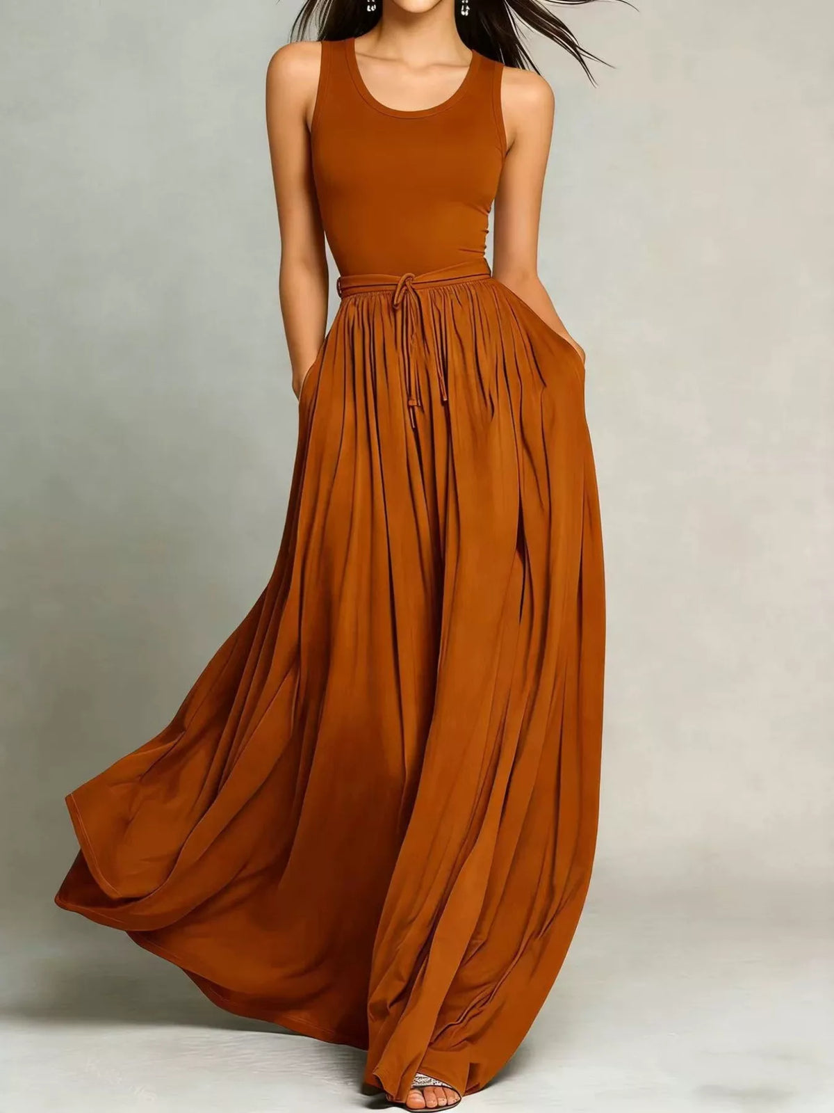 Terracotta sleeveless maxi dress, gathered drawstring waist and wide skirt