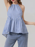 Light blue striped halter neck cami with ruffled waist detail