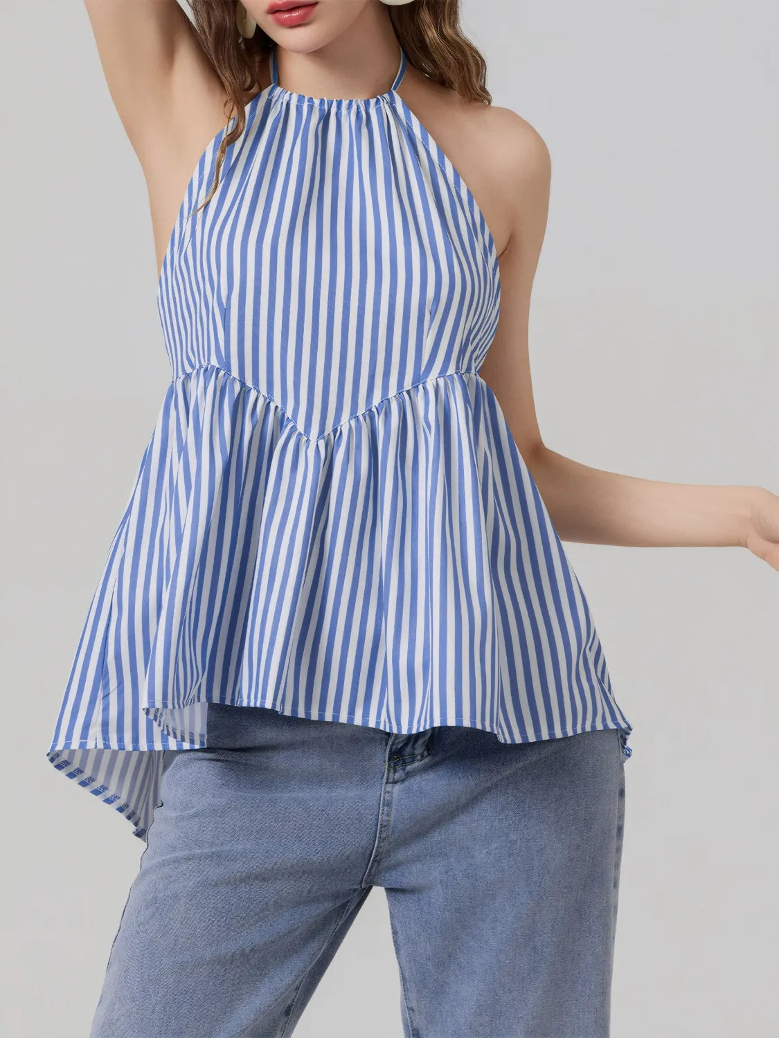Light blue striped halter neck cami with ruffled waist detail