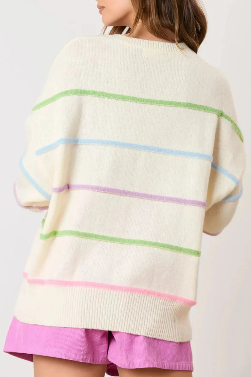 Ivory contrast stripe knit sweater, crew neck with ribbed hem and multicolor horizontal stripes
