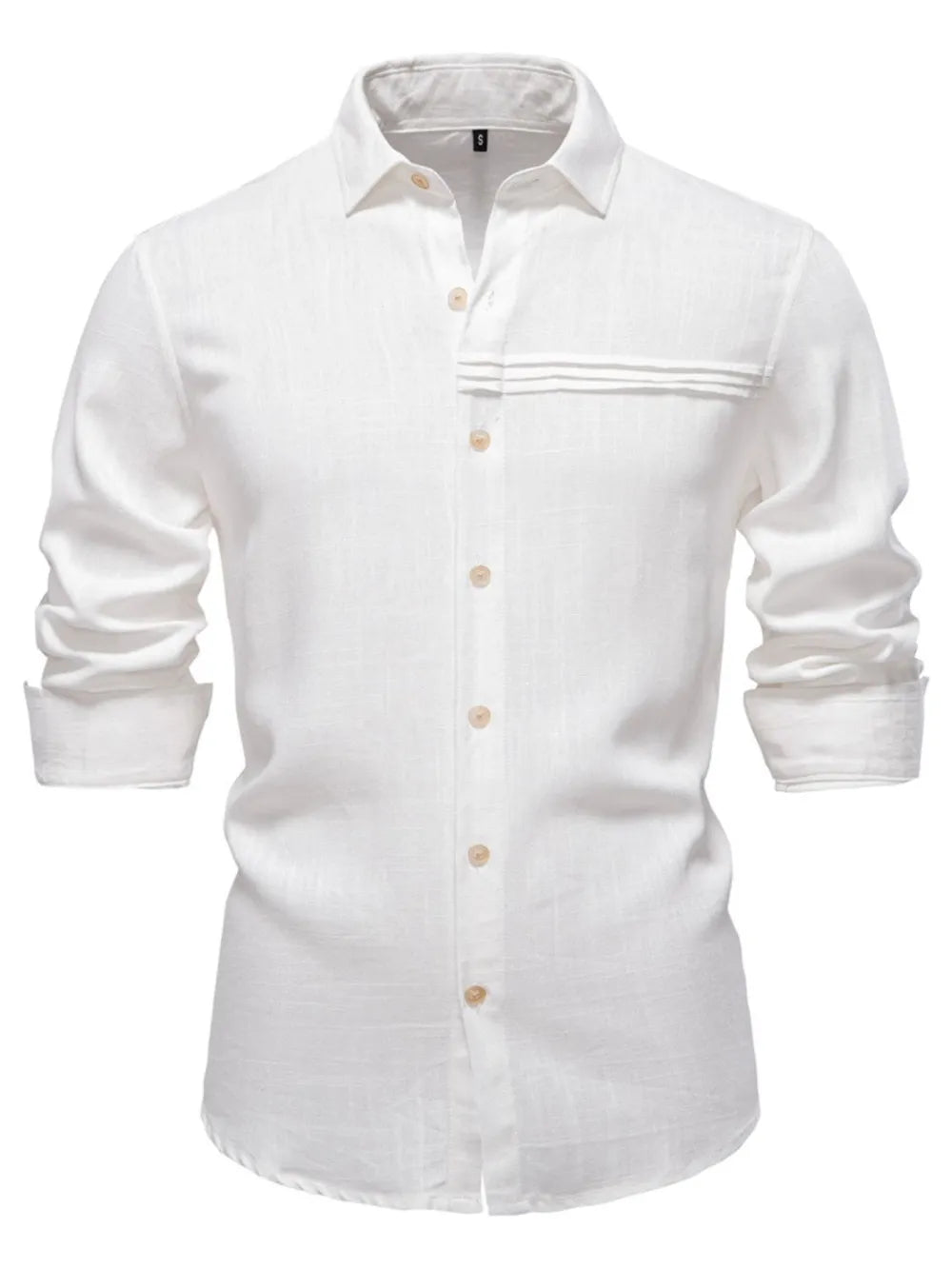 Men's button down shirt, white long-sleeve with collar, button front and chest pocket