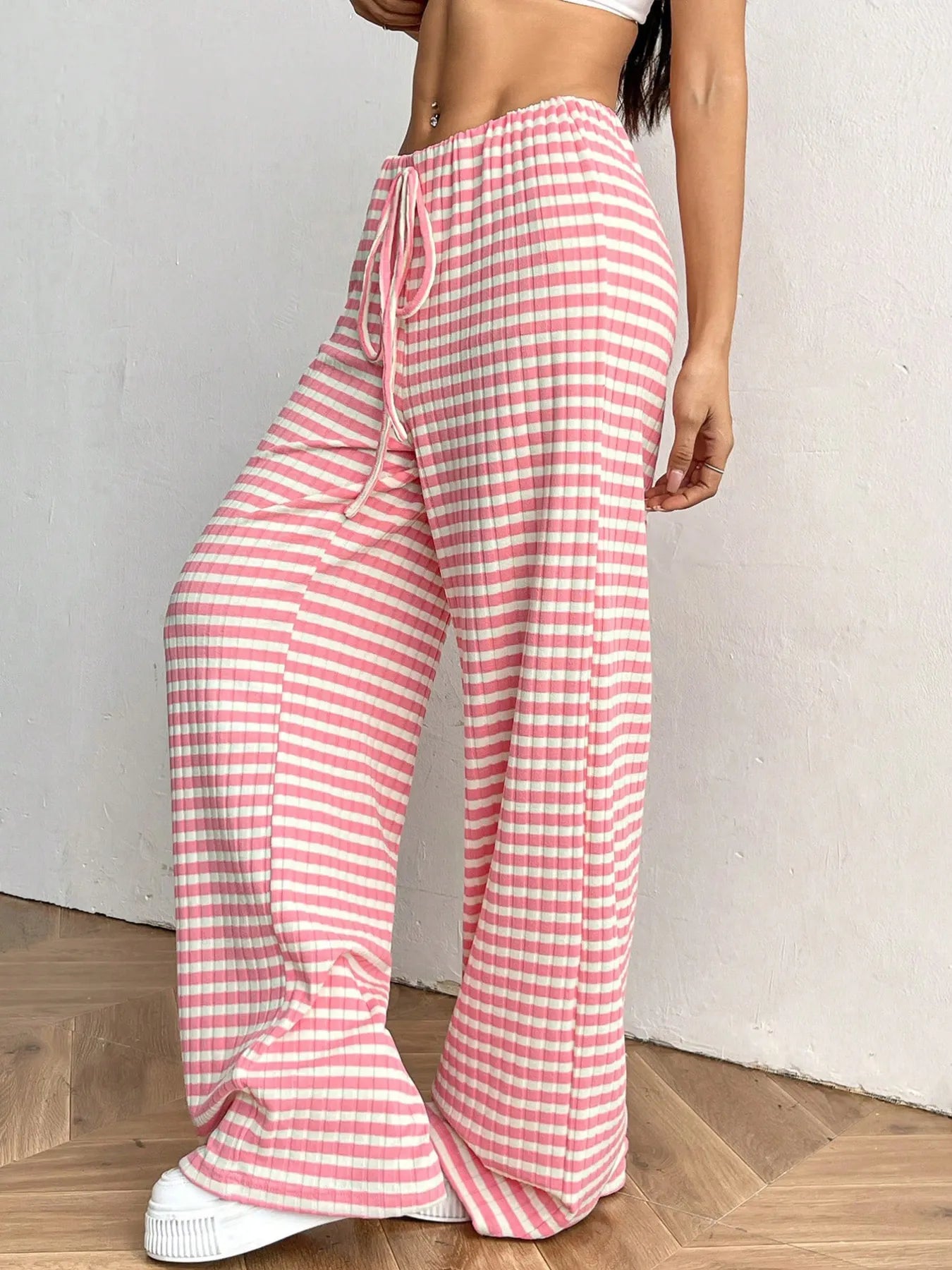 Striped wide-leg drawstring pants, pink and white, elastic waist