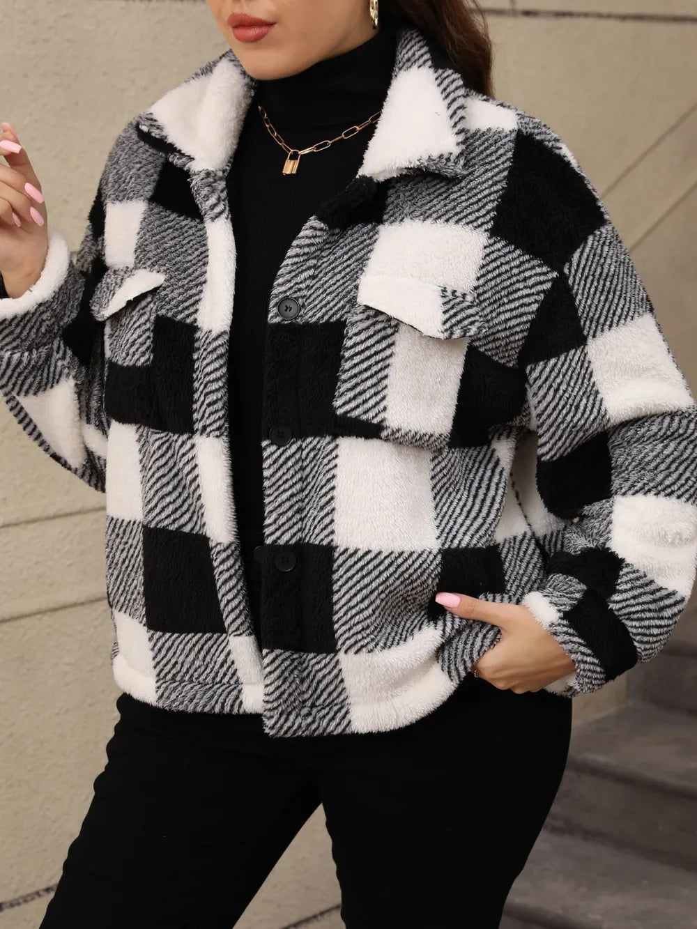 Black-and-white plaid jacket, sherpa collar, button closure, front pocket detail