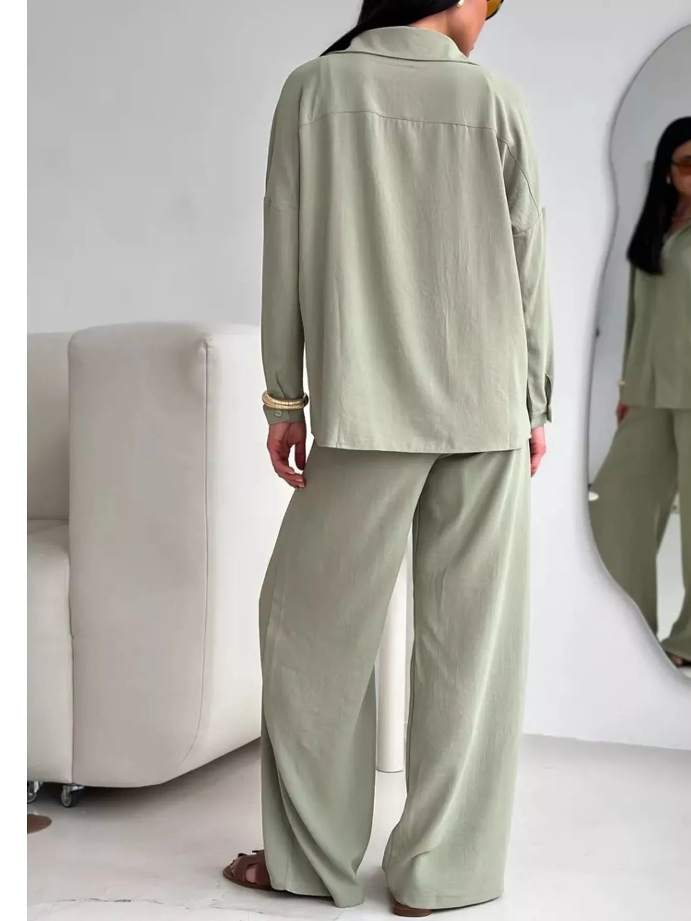 Sage green relaxed-fit back button-up shirt and wide-leg pants with elastic waist