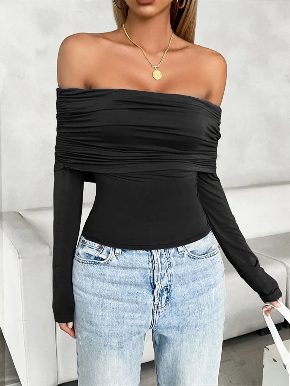 Cedar & Moore Devine Ruched Off-Shoulder Long Sleeve T-Shirt by Trendsi, black