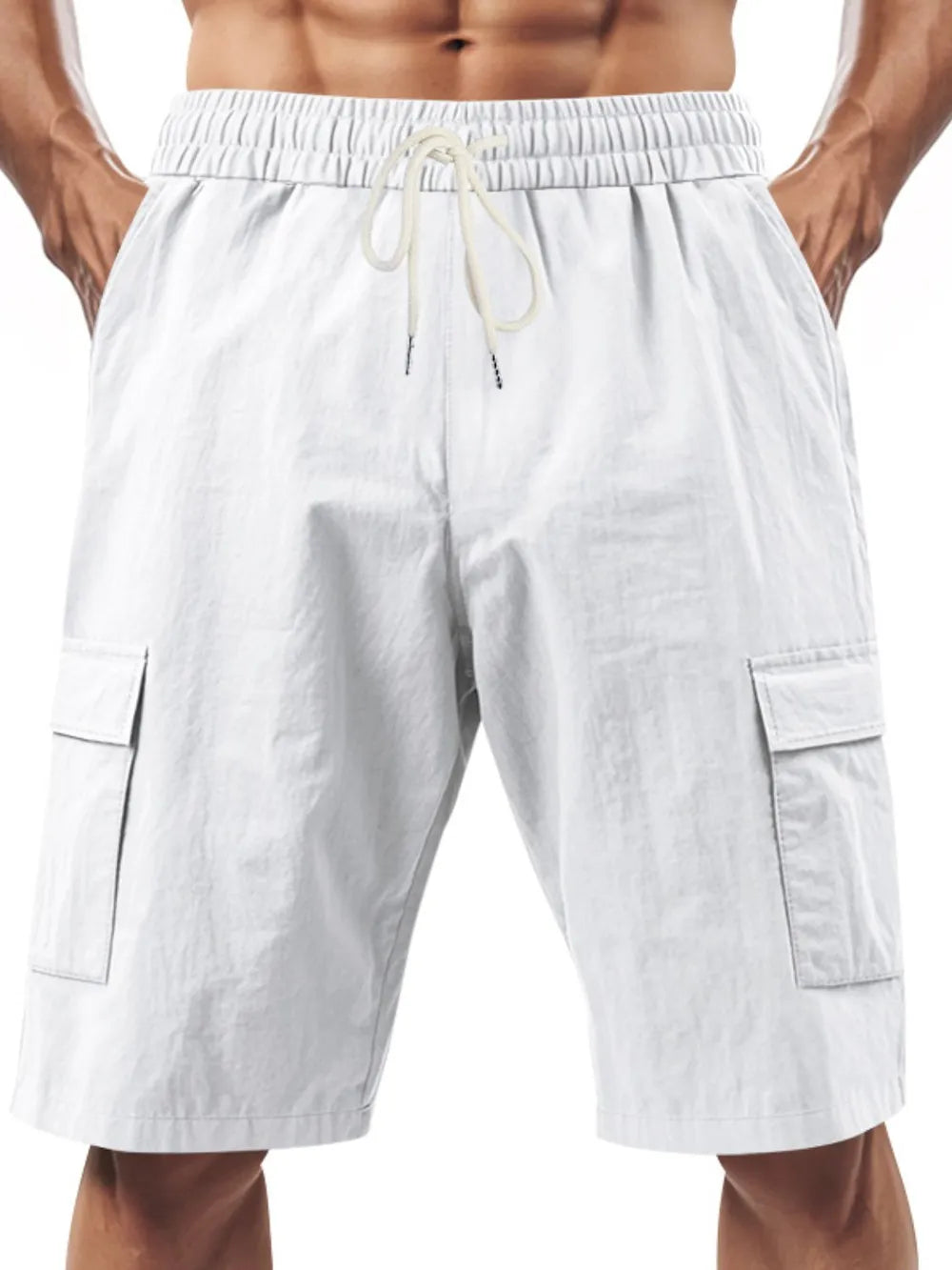Men's white drawstring cargo shorts with elastic waistband and side cargo pockets