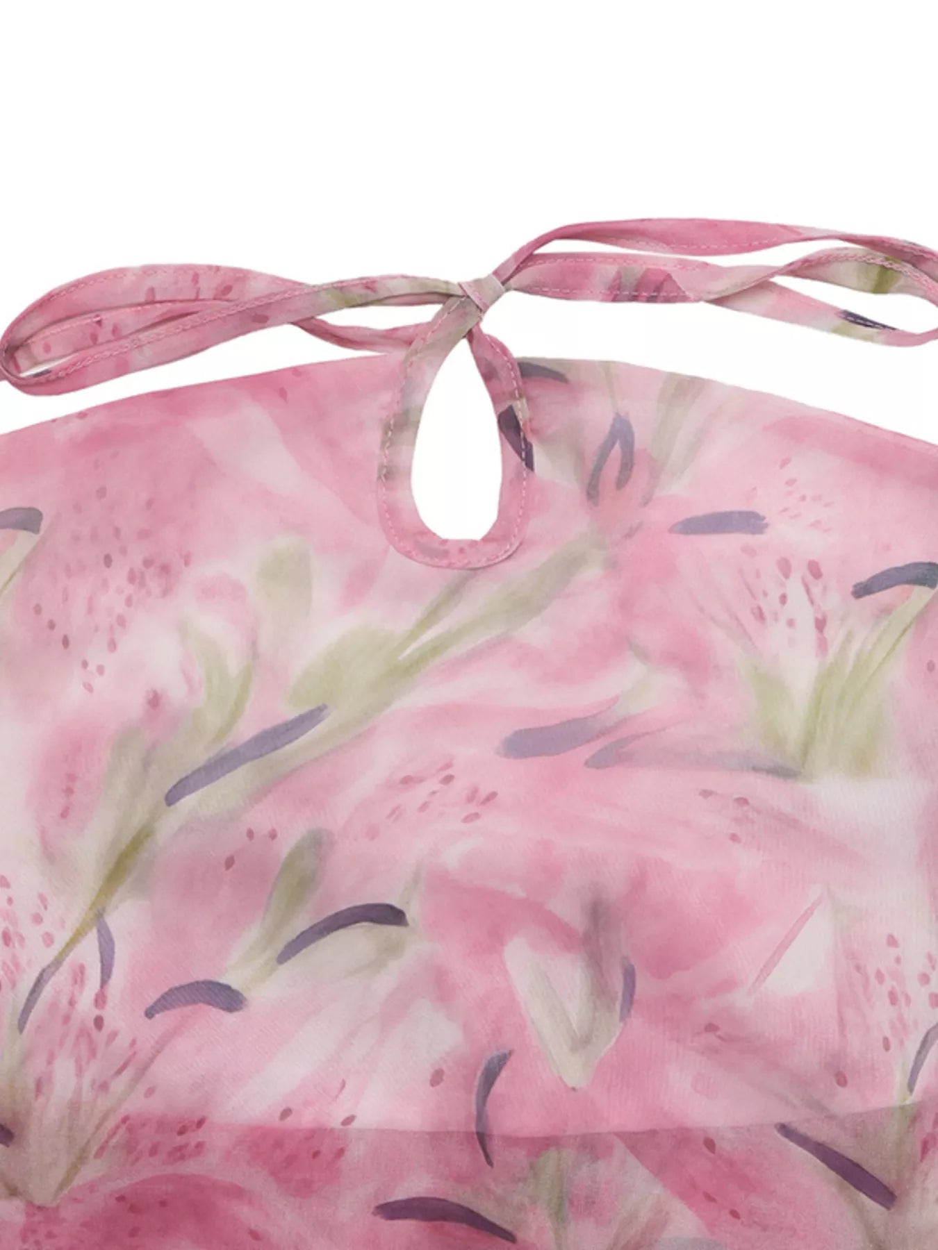 Cedar & Moore Floral print halter neck cami, pink flowy fabric with watercolor flowers and tie-back