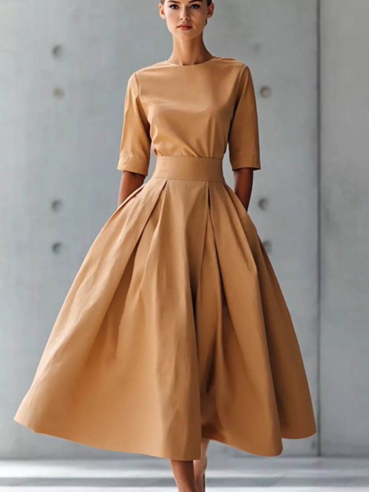 Round Neck A Line Midi Dress Polyester Fabric – Cedar & Moore