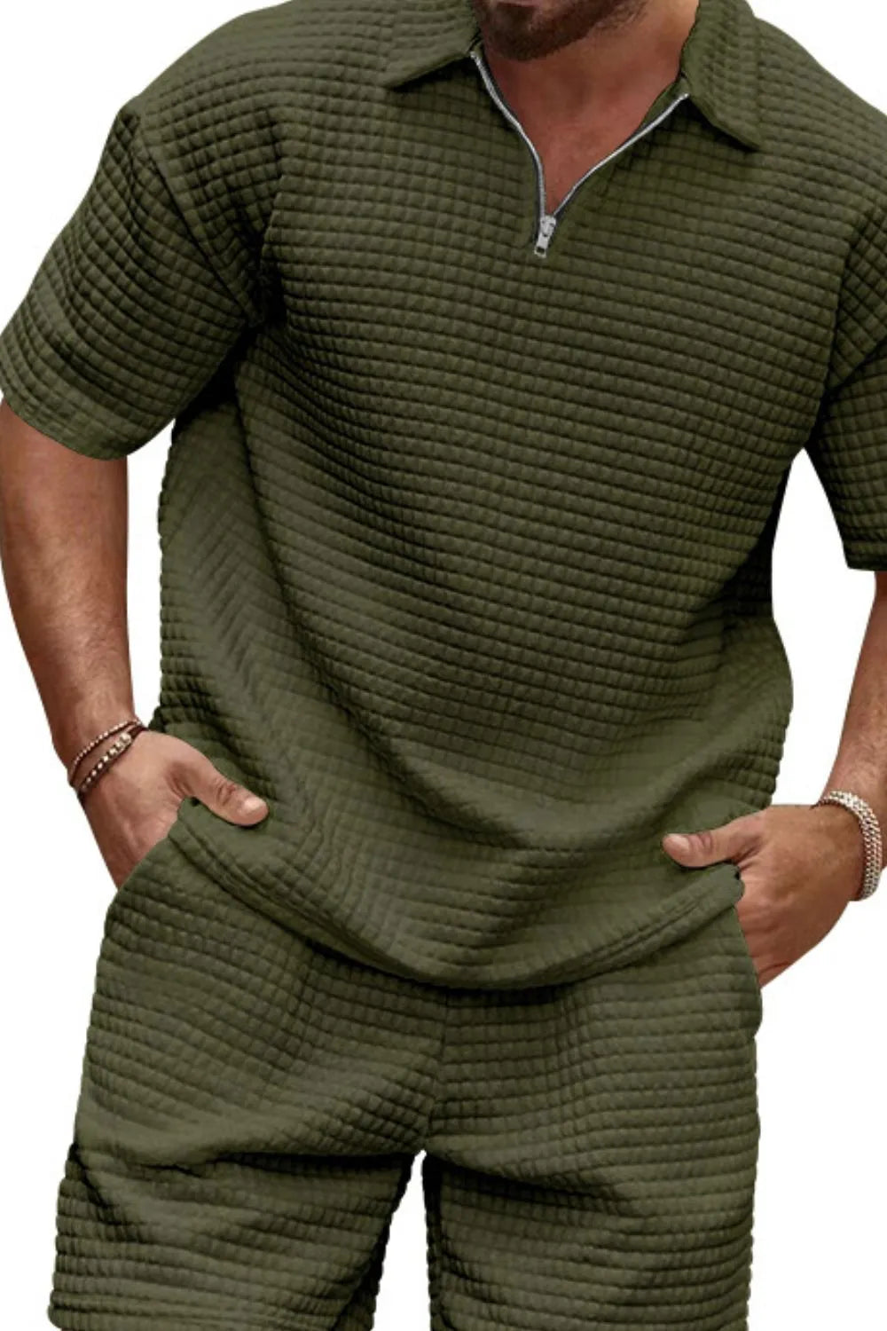 Men's knit short sleeve top and shorts set, quarter-zip polo collar, army green