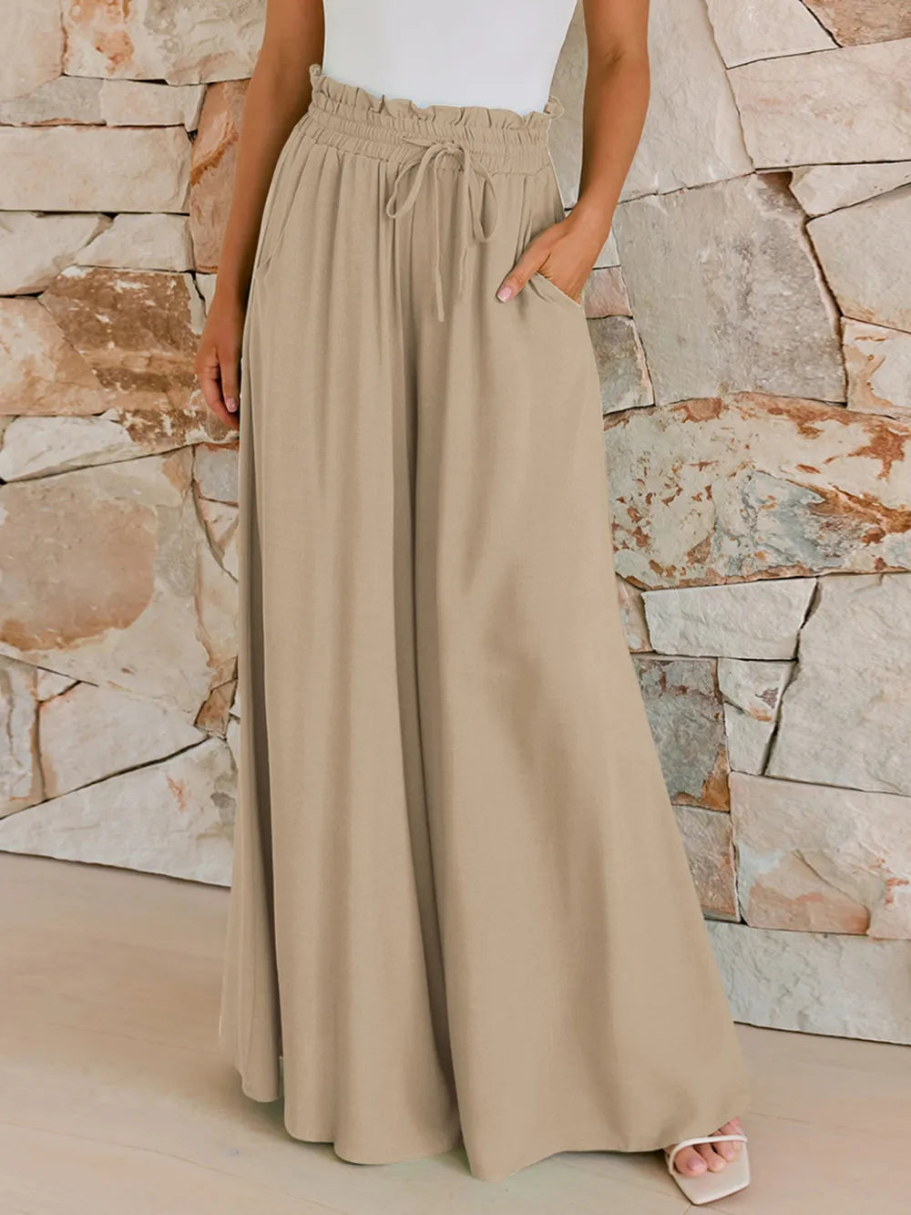 Drawstring wide-leg pants with elastic waist, beige