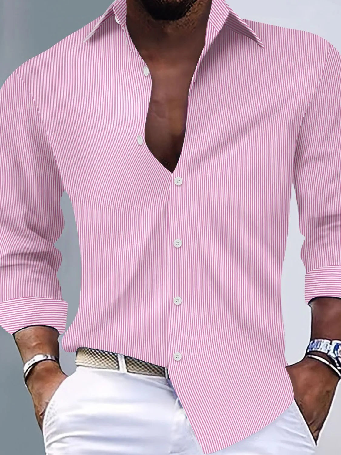 Men's striped button-up long sleeve shirt, pink with white pinstripes