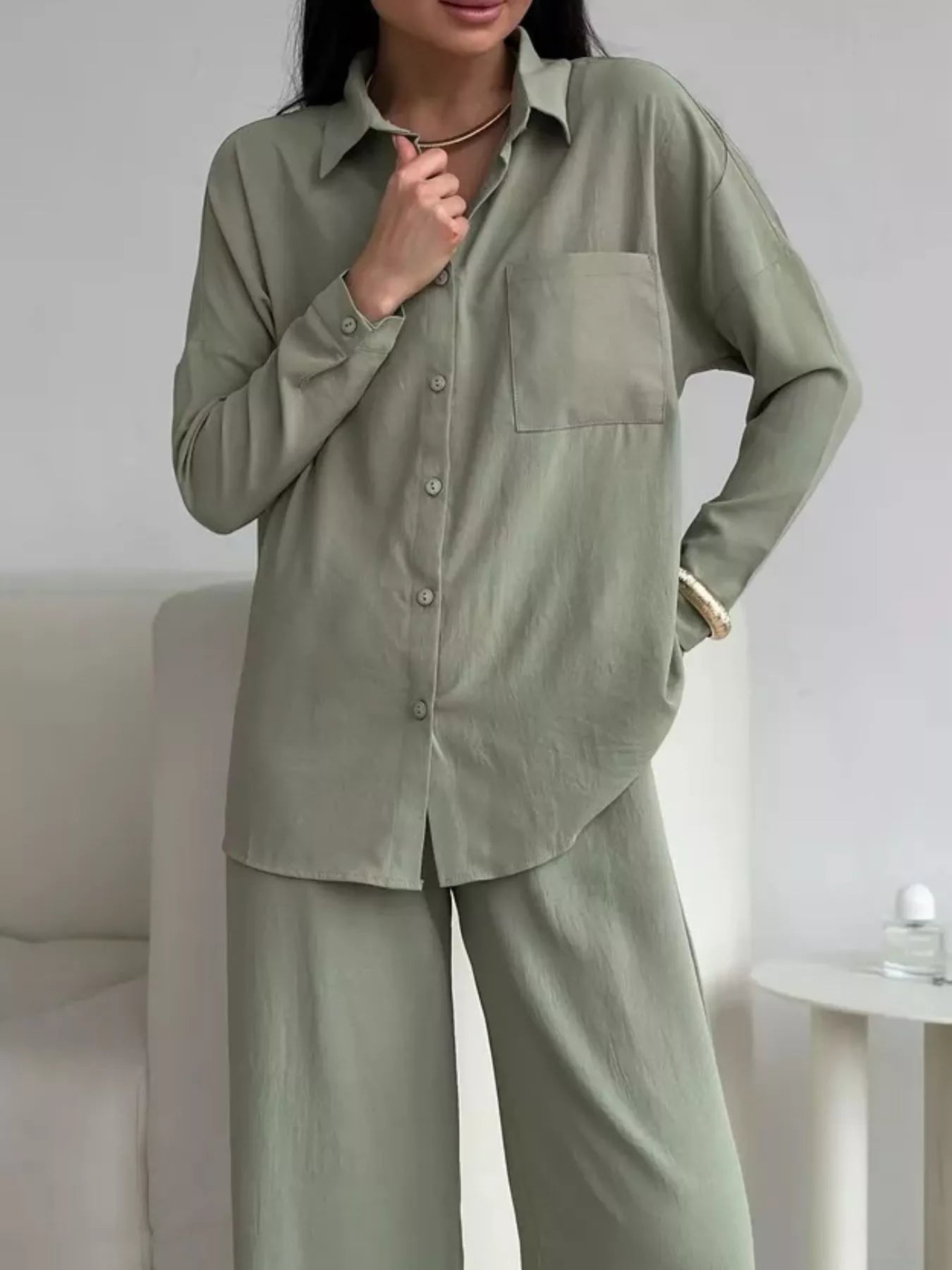 Sage green relaxed-fit shirt and wide-leg pants set, button front, chest pocket