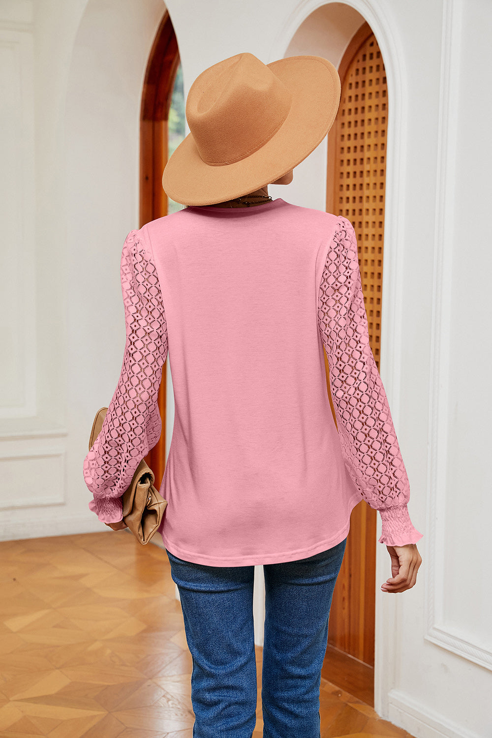 Pink contrast V-neck long-sleeve blouse, back view, textured lace-look sleeves