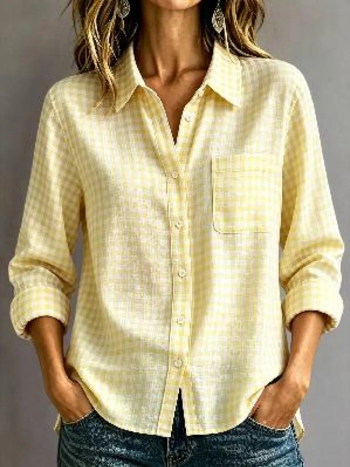 Light yellow gingham button-down shirt with chest pocket, long sleeves, and button front.