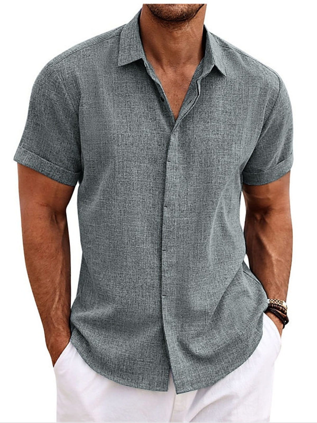 Men's gray short-sleeve button-down shirt with collar and front button placket