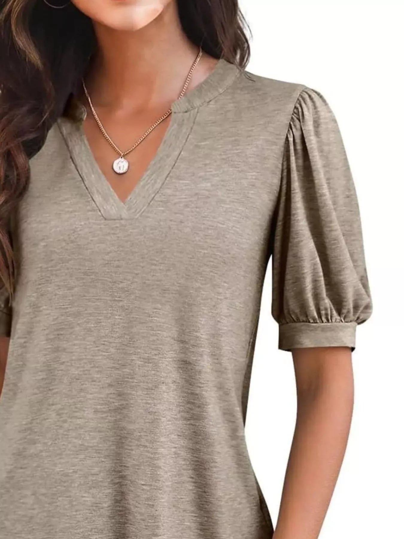 Cedar & Moore Puff Sleeve Notched Casual T‑Shirt in heather grey knit with V-neck and puff sleeves