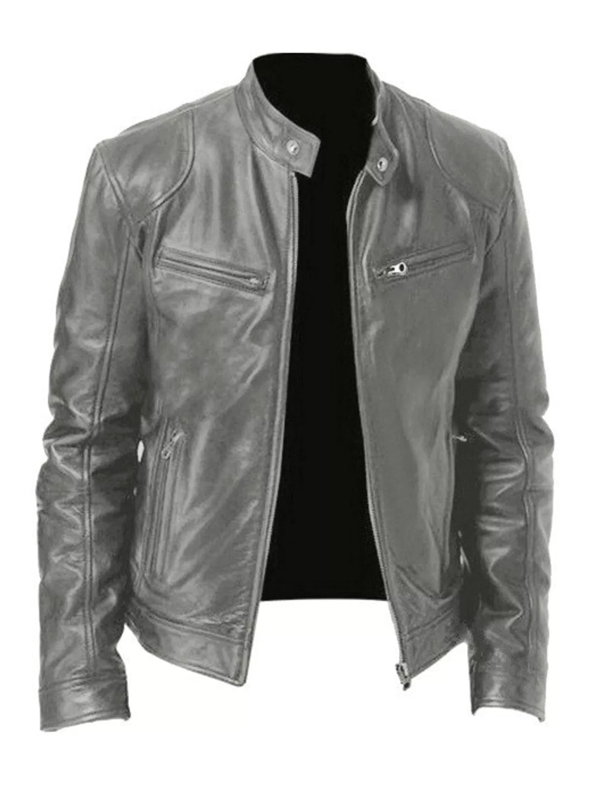 Men's zip-up vegan leather jacket, gray with stand collar and zipper closure.