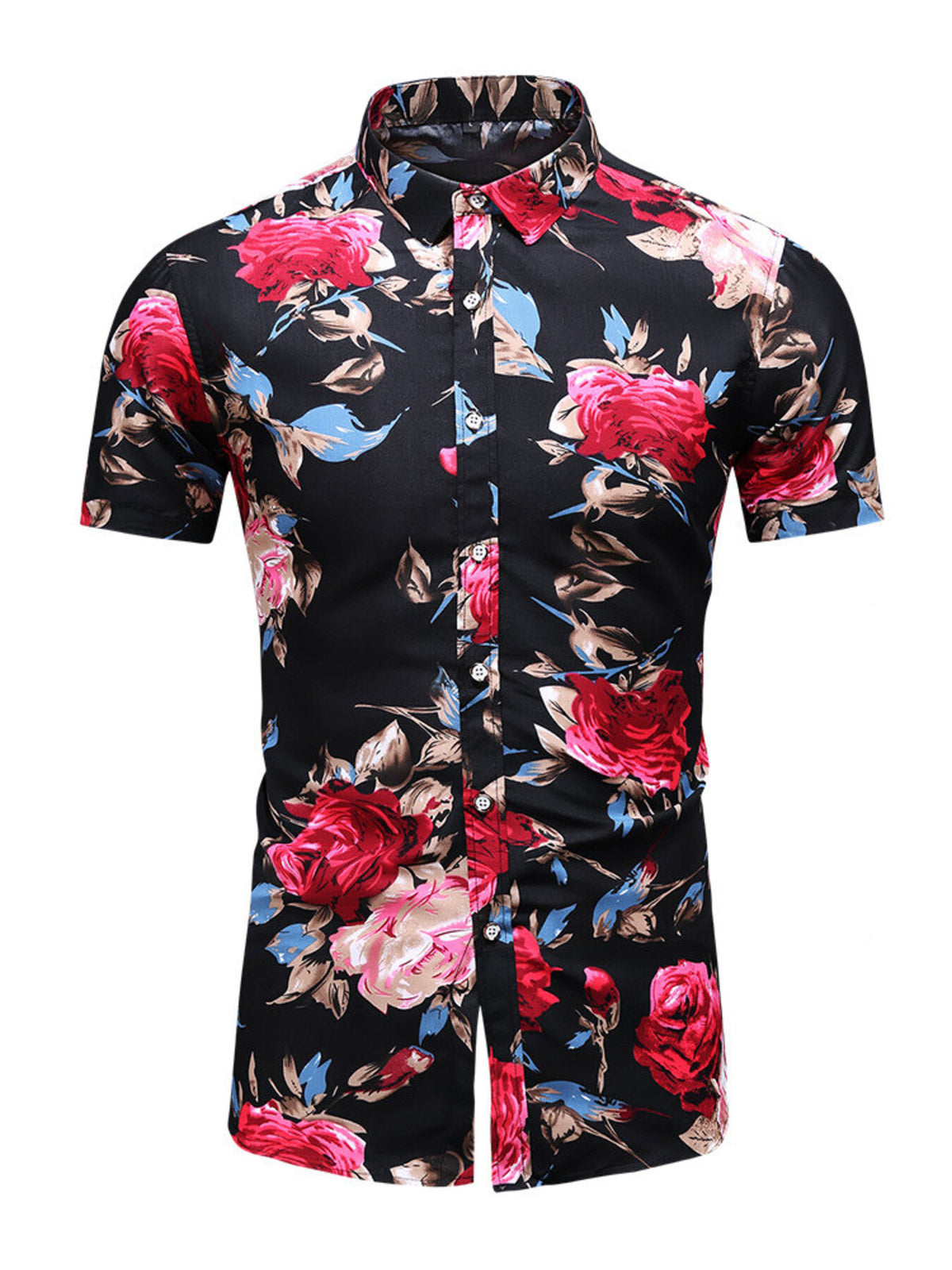 Floral print short-sleeve button-up shirt on black with red and pink roses