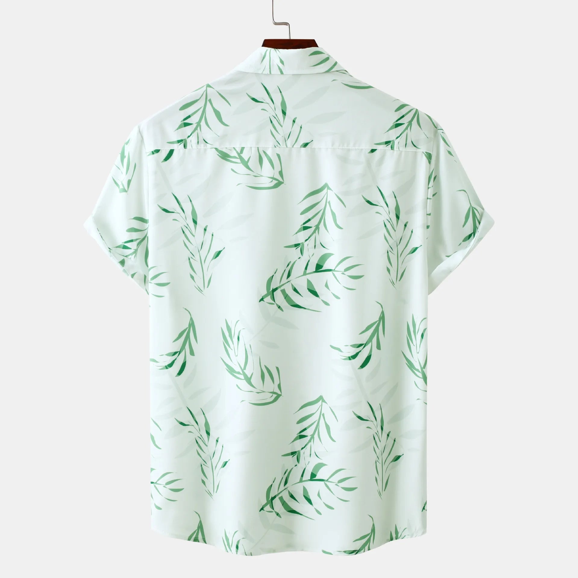 Printed short-sleeve casual shirt back, light green base with allover leaf pattern