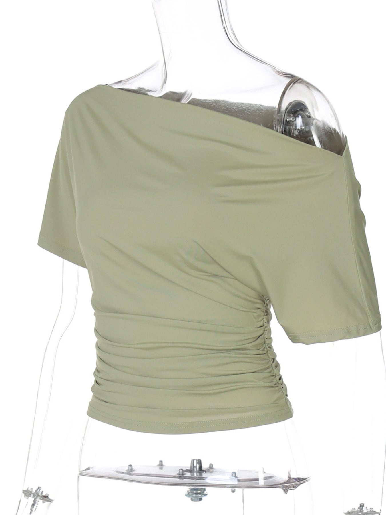 Cedar & Moore One-Shoulder Short Sleeve T-Shirt in sage green with ruched waist