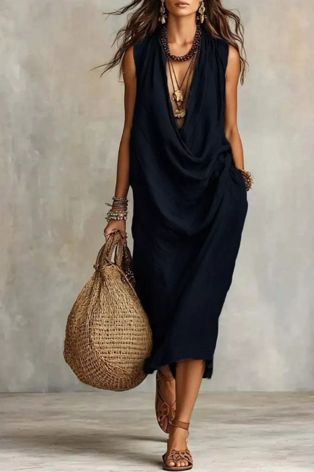 Black sleeveless drape-neck midi dress with cowl neckline and wrap drape front.
