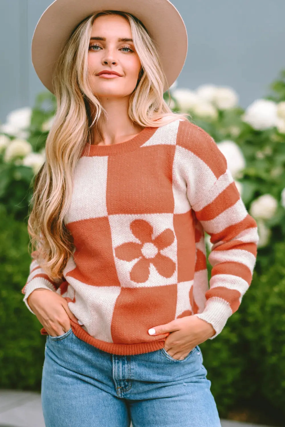 Caramel and cream contrast round neck long sleeve sweater with checker and flower motif