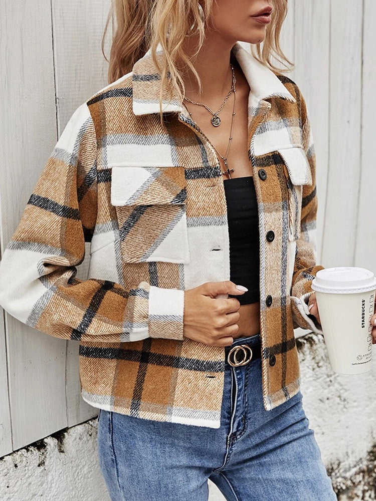 Camel plaid collared jacket with button front and chest pockets, long sleeves