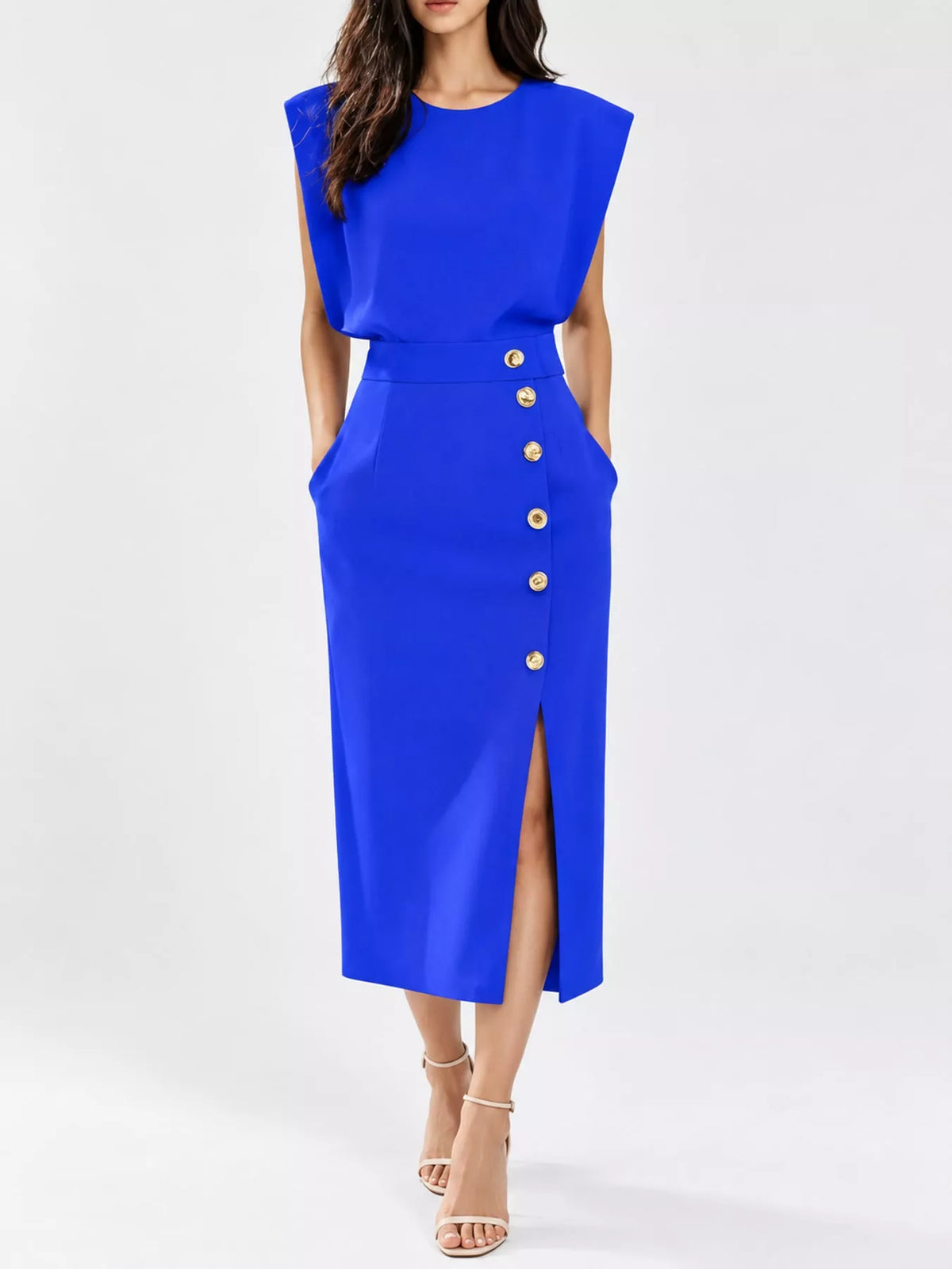 Blue sleeveless midi dress with gold buttons and side slit
