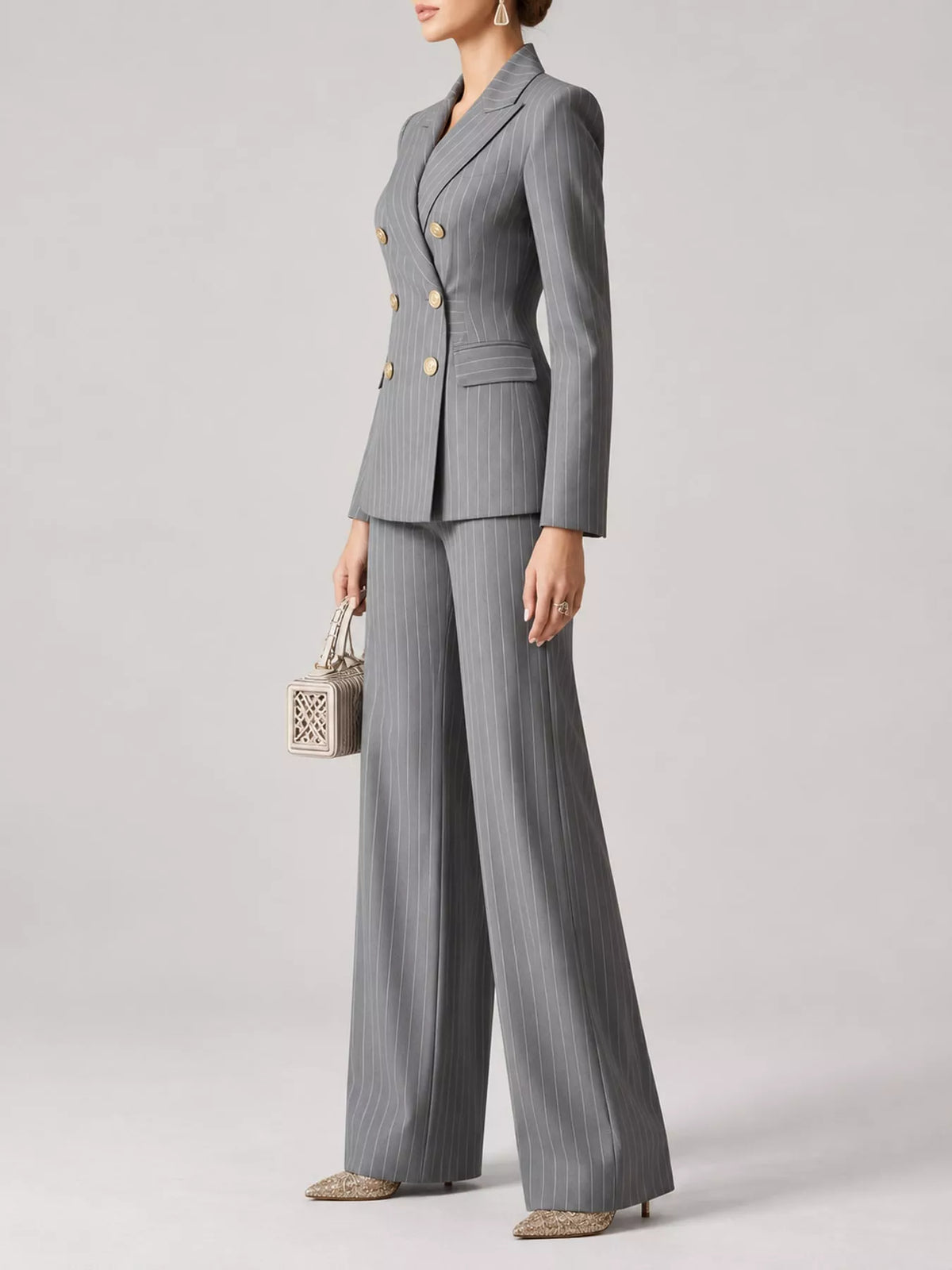 Gray pinstripe tailored blazer and wide-leg pants set with double-breasted front