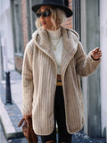Sand ribbed hooded open-front coat with long sleeves and draped collar