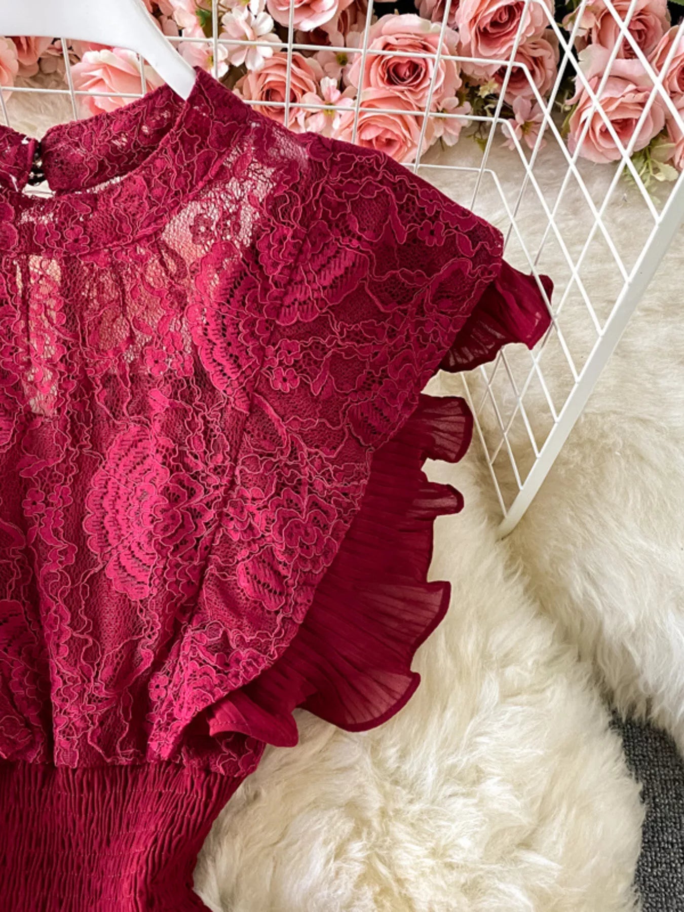 Cedar & Moore Ruffled Mock Neck Lace Maxi Dress in magenta by Trendsi