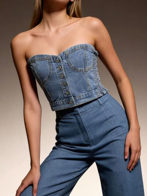 Light blue strapless denim tube top with front buttons and chest pockets