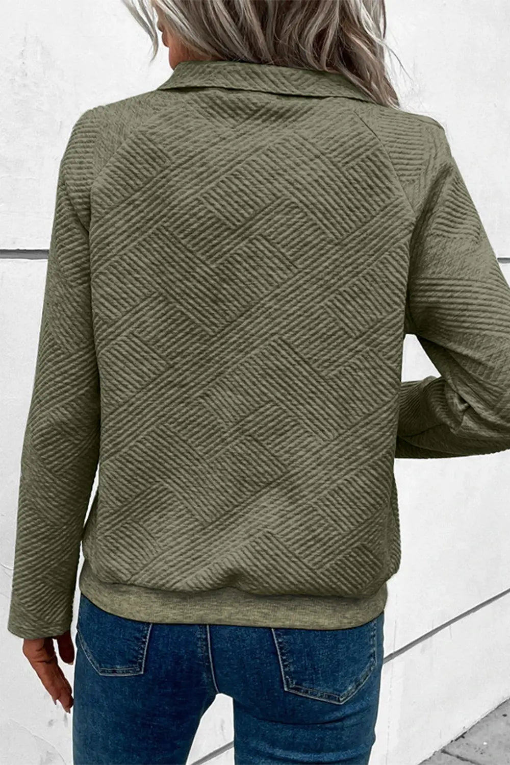 Back view sage green snap-button long-sleeve sweatshirt with geometric knit pattern