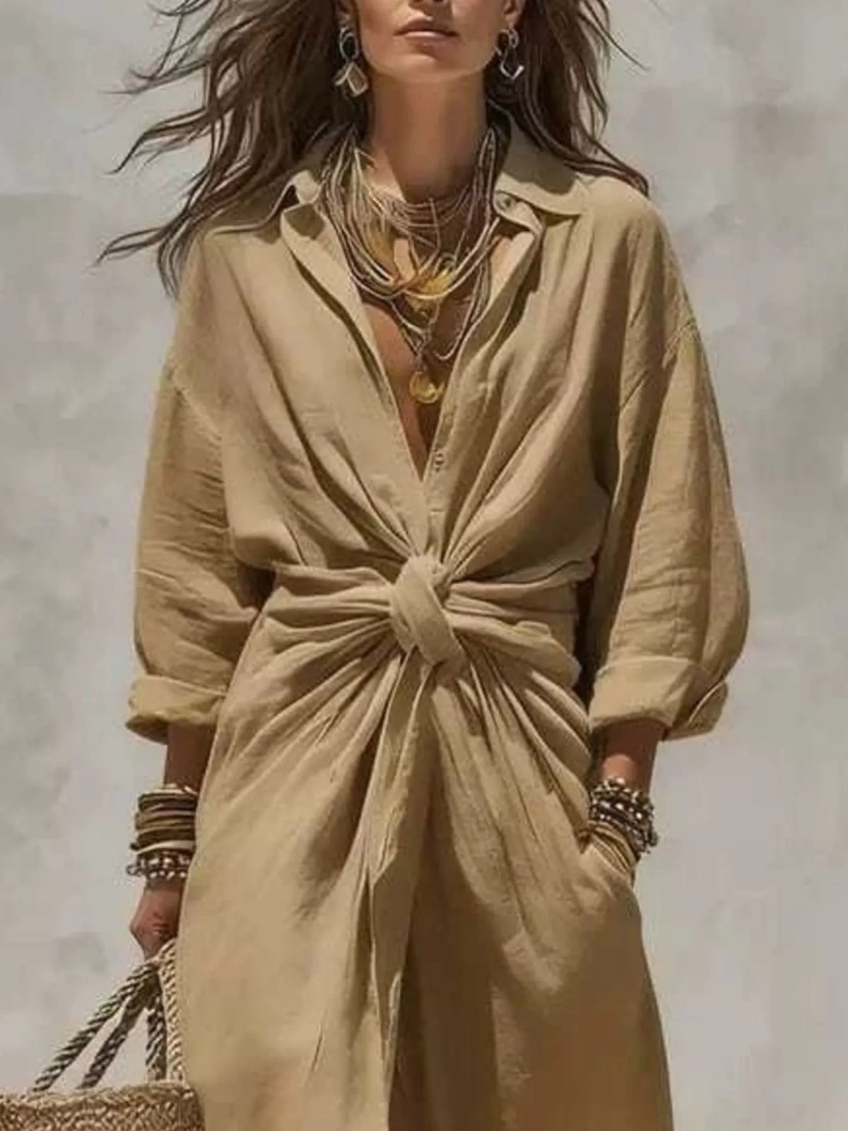 Khaki linen-blend maxi dress with gathered front tie knot, V-neck, long sleeves