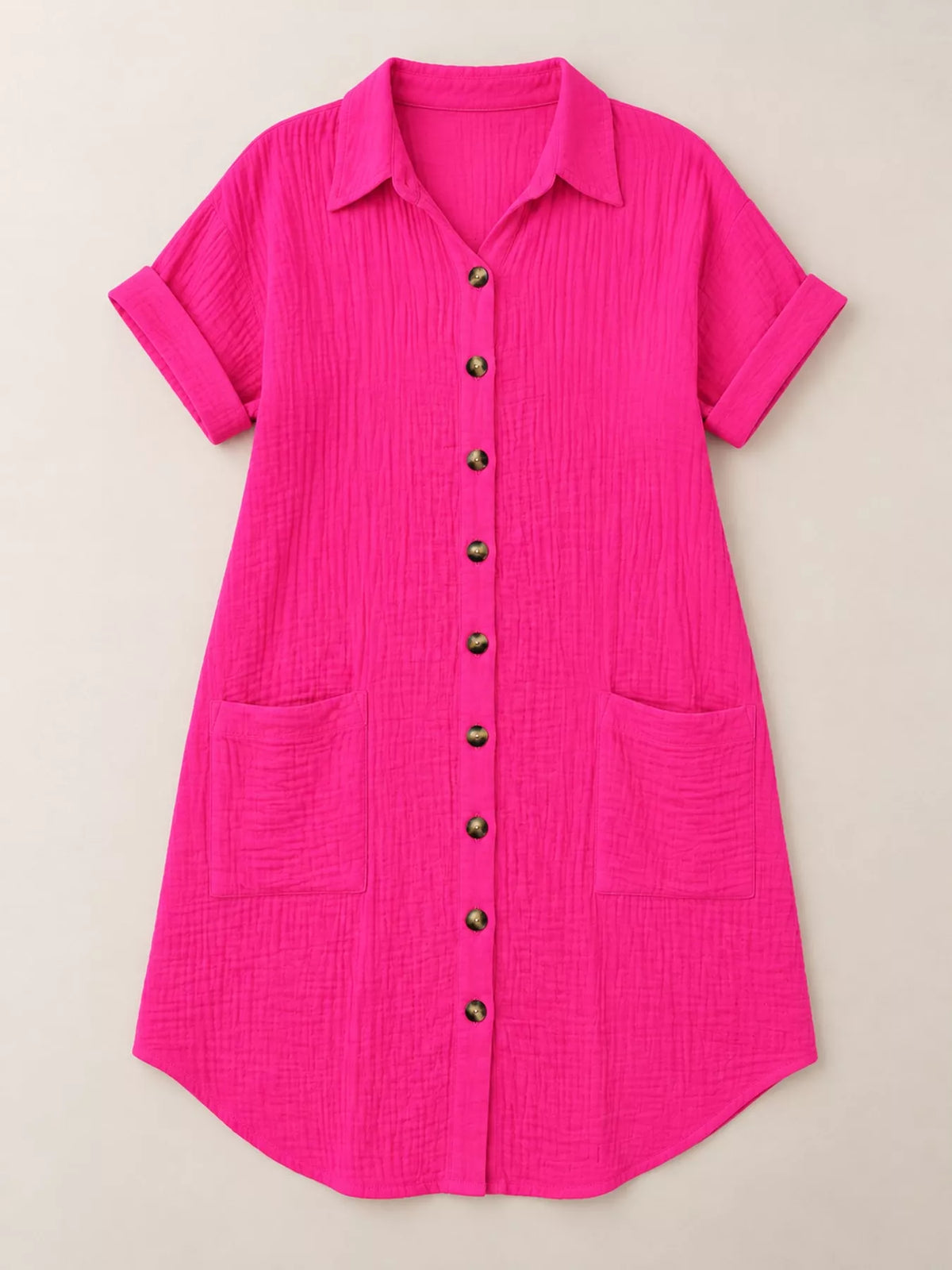 Textured button-up shirt dress with pockets, hot pink, chest pockets and button front