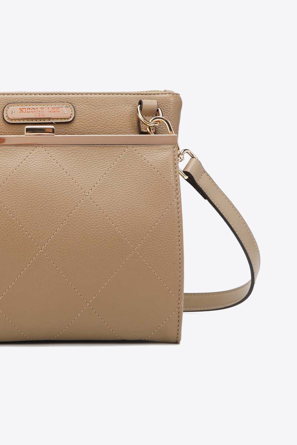 Taupe-beige quilted crossbody handbag with gold-tone clasp and shoulder strap