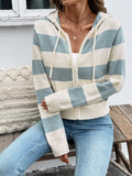 Striped zip-up cardigan with drawstring hood, light blue and cream block stripes