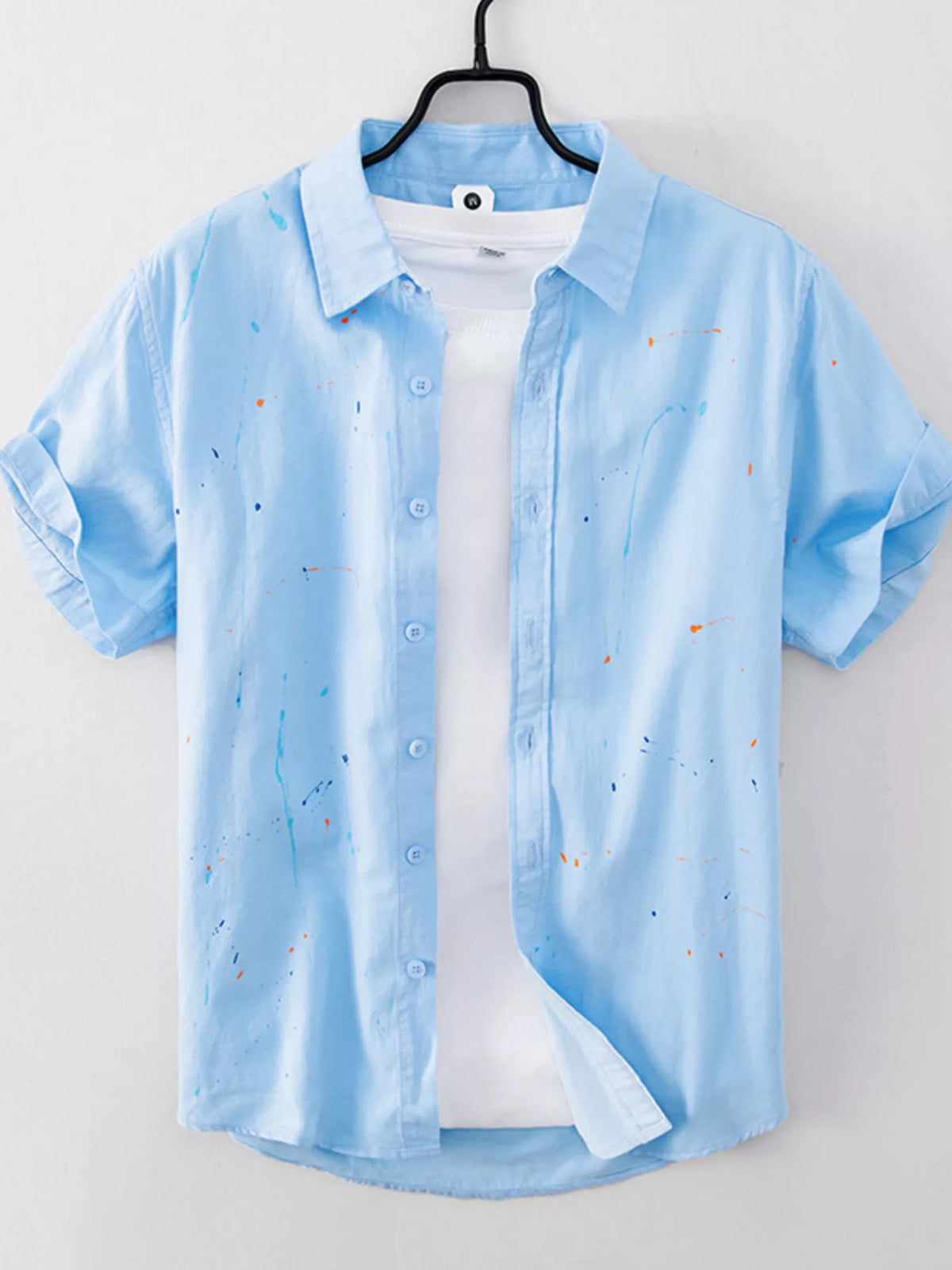 Men's short-sleeve button-up cotton shirt in sky blue with multicolor speckle print