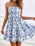 Sky blue floral mini dress with spaghetti straps, square neckline, tiered ruffle skirt