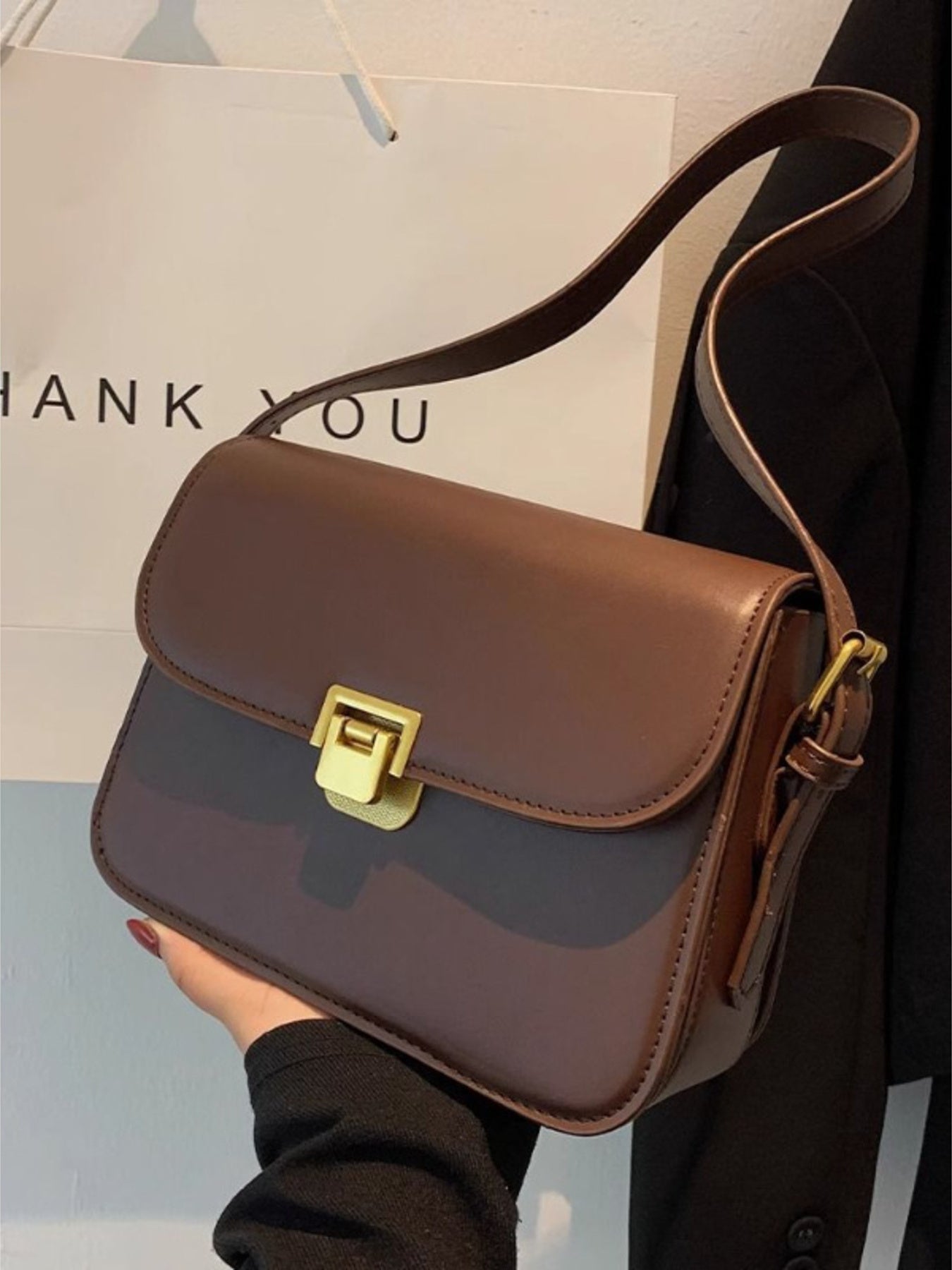 Buckle Flap Shoulder Bag, small brown PU with gold-tone square buckle and adjustable strap.