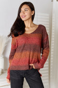 Gradient V-neck knit sweater in brick red to orange, long sleeves