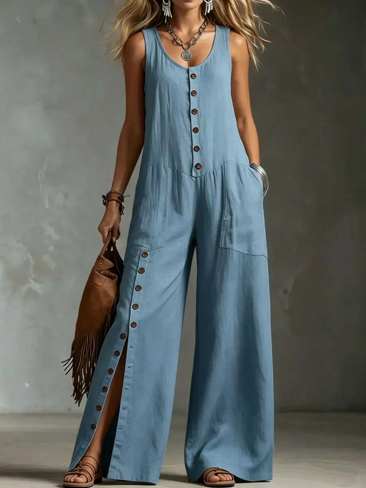 Blue sleeveless button-front wide-leg jumpsuit with chest buttons and side pocket