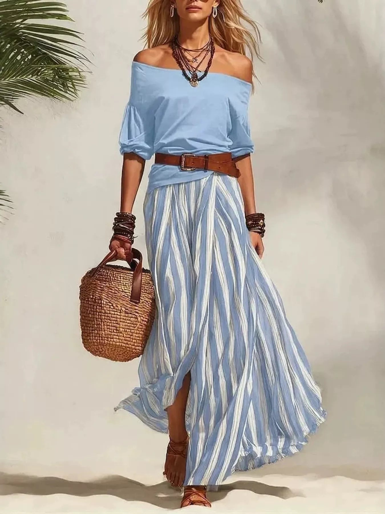 Sky blue off-shoulder top and striped maxi skirt set