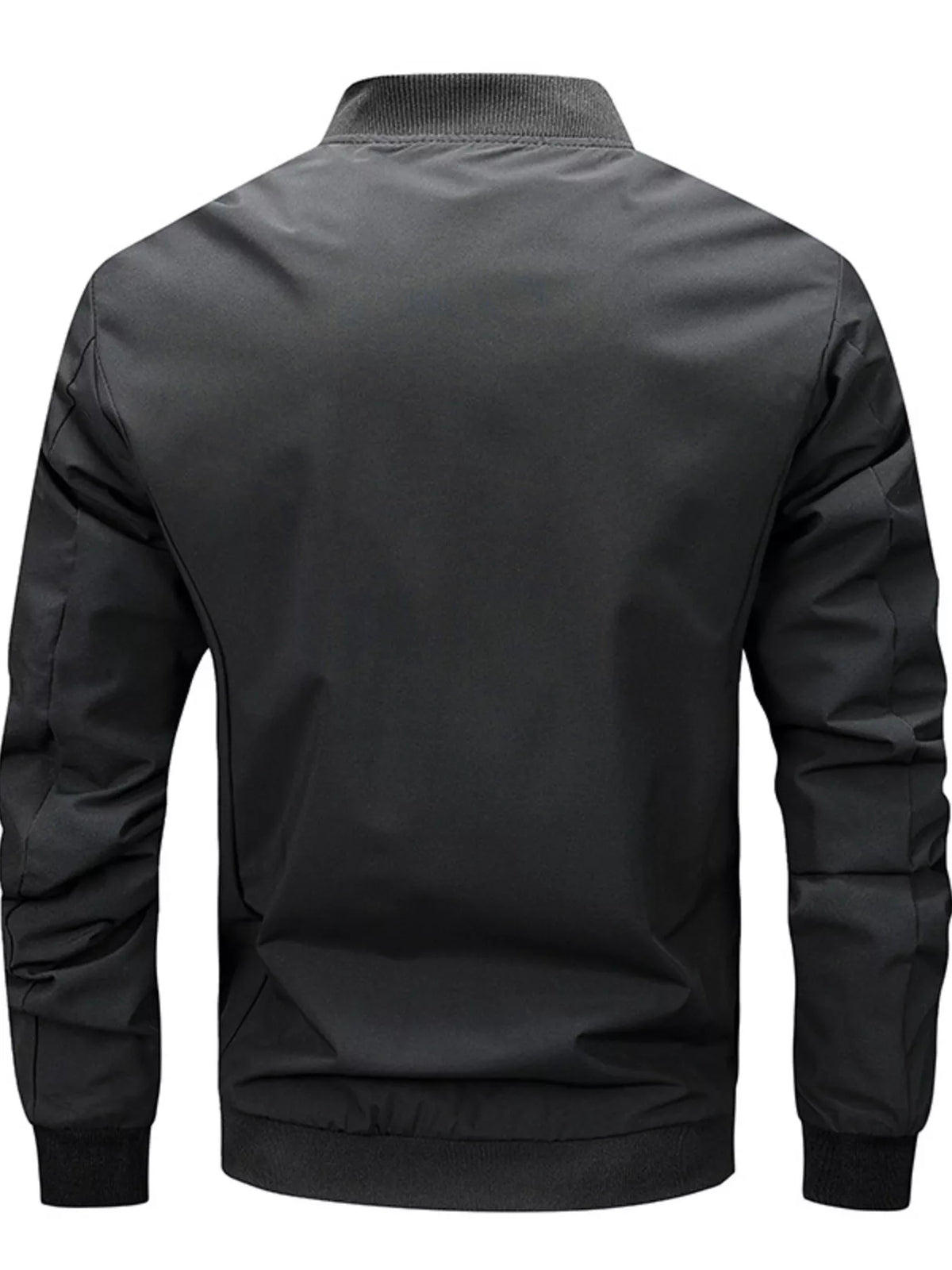 Black zip-up bomber jacket back view with ribbed hem and cuffs