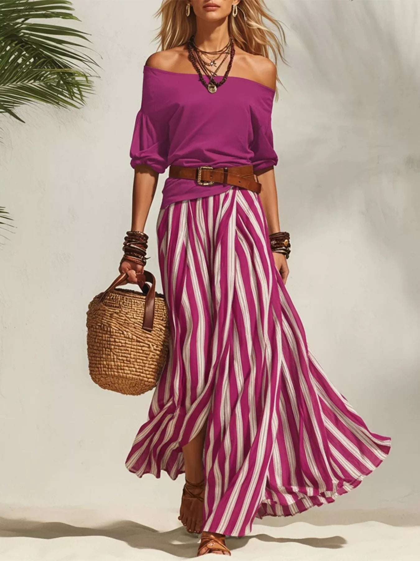 Purple off-shoulder top and purple-and-white striped maxi skirt set with brown belt.