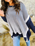 Navy and white striped knit tunic sweater with hood and dolman sleeves
